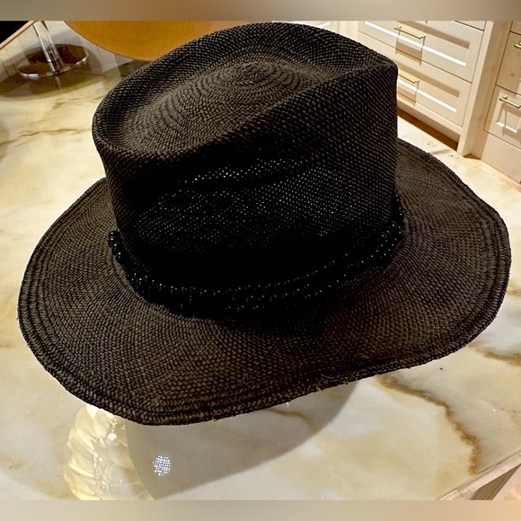 Gladys Tamez Millinery Dean straw Panama hat black with beaded feather accent - Picture 5 of 9